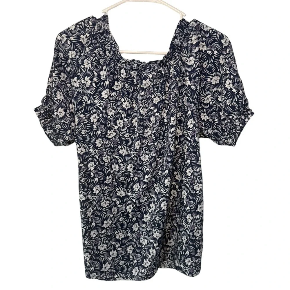 St Johns Bay Navy Floral Smocked Square‎ Neck Puff Sleeve Blouse Top Small NEW